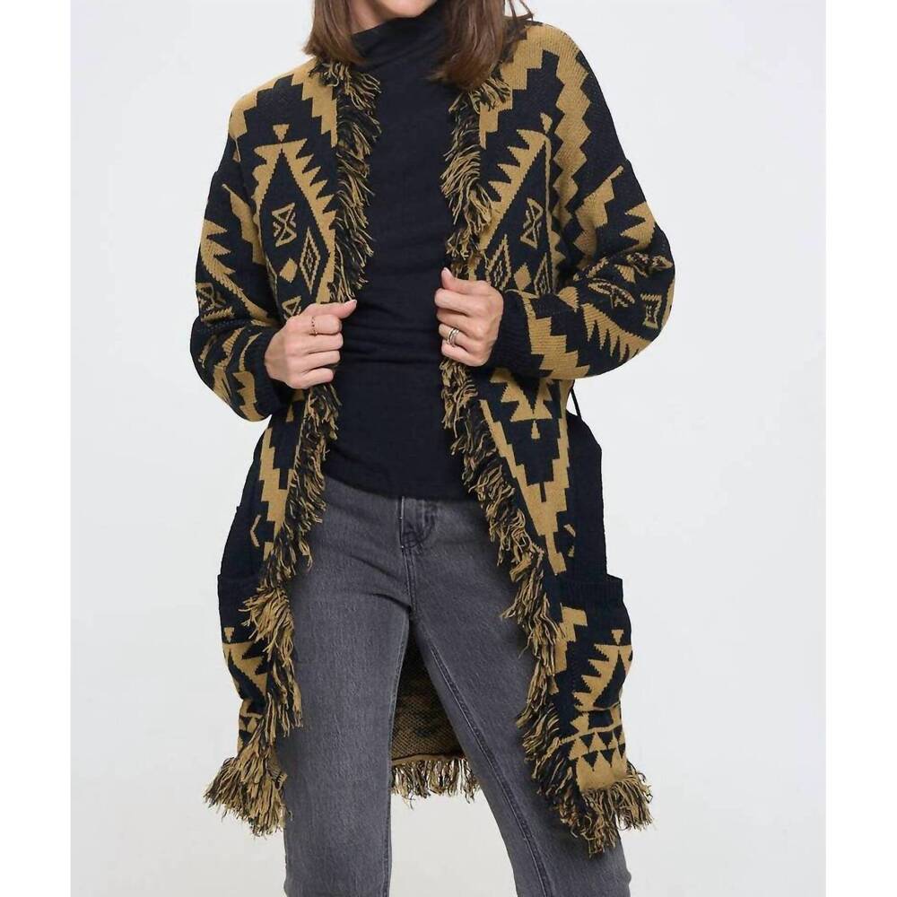 NEW RENEEC. tribal print cardigan with fringe detail and tie in taupe/black